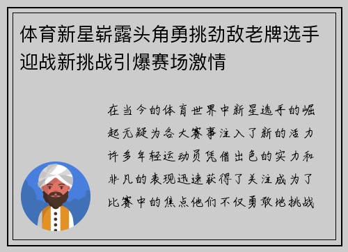 体育新星崭露头角勇挑劲敌老牌选手迎战新挑战引爆赛场激情