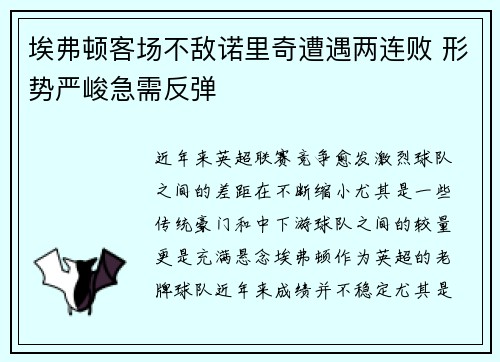 埃弗顿客场不敌诺里奇遭遇两连败 形势严峻急需反弹