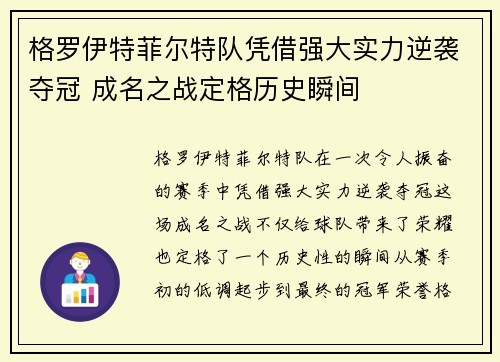 格罗伊特菲尔特队凭借强大实力逆袭夺冠 成名之战定格历史瞬间