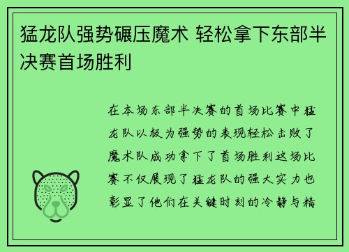猛龙队强势碾压魔术 轻松拿下东部半决赛首场胜利
