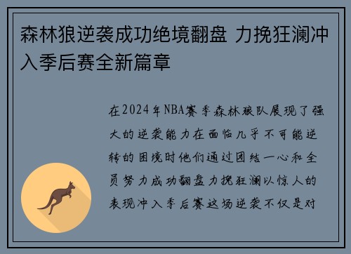 森林狼逆袭成功绝境翻盘 力挽狂澜冲入季后赛全新篇章