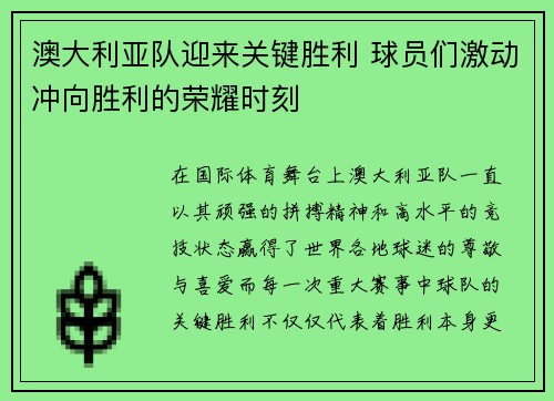 澳大利亚队迎来关键胜利 球员们激动冲向胜利的荣耀时刻