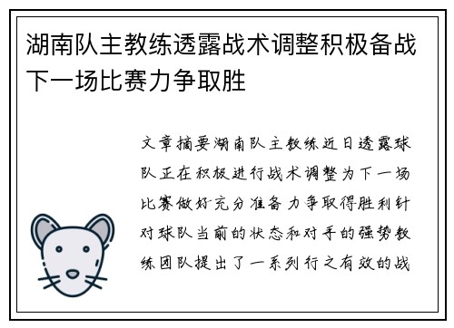 湖南队主教练透露战术调整积极备战下一场比赛力争取胜